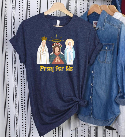 Blessed Virgin Mary T-Shirt, Marian Pray for Us T Shirt, Catholic Tee, Religious Shirt, Christian Apparel, Faith Gift for Him/Her