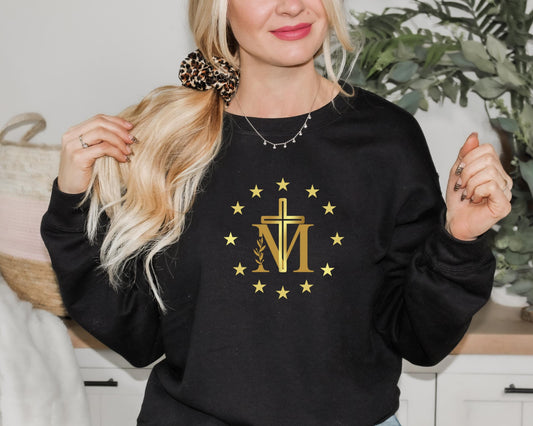Marian Cross Blessed Virgin Mary Sweatshirt, Catholic Crewneck Jumper, Our Lady Sweatshirt, Blessed Mother Cross Sweatshirt, Catholic Gift