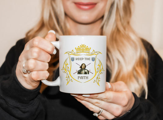 Saint Joan of Arc Ceramic Mug, Religious Gift, Keep the Faith 11oz 15oz Coffee Cup, Inspirational Quote Tea Mug, Christian Decor, Patron