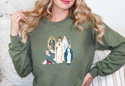 Blessed Virgin Mary Sweatshirt, Our Lady of Guadalupe Cozy Top, Our Lady of Fatima Jumper, Marian Medley Crewneck Sweatshirt