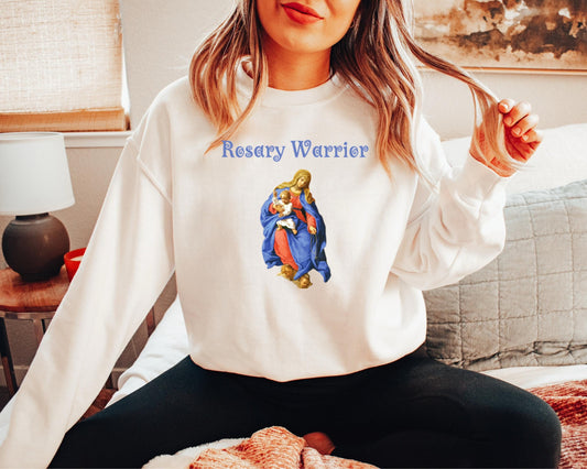 Blessed Virgin Mary Rosary Sweatshirt, Unisex Crewneck Jumper, Catholic Gift for Mom, Rosary Warrior Apparel, Catholic Sweatshirt