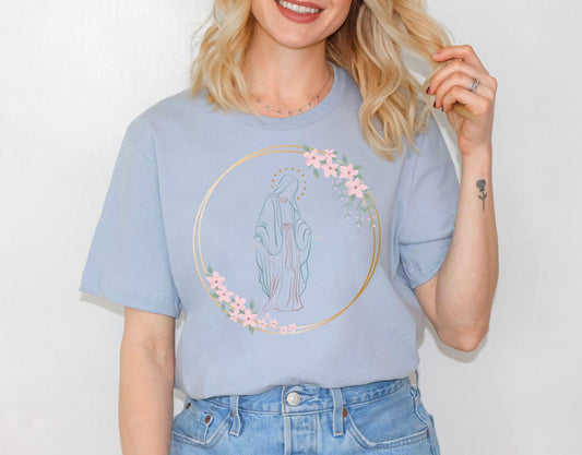 Virgin Mary Floral Tee, Marian Flower T-Shirt, Our Lady Top, Mother of God Comfy T Shirt, Catholic Gift