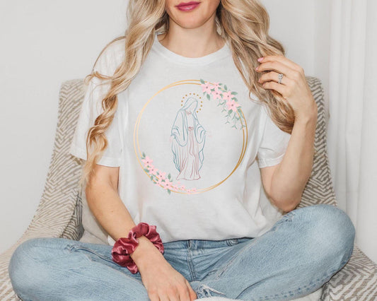 Virgin Mary Floral Tee, Marian Flower T-Shirt, Our Lady Top, Mother of God Comfy T Shirt, Catholic Gift