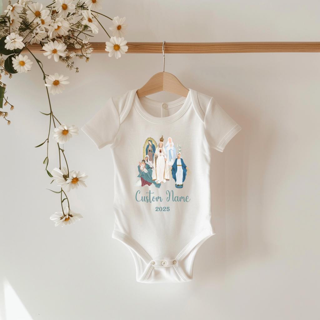 Custom Virgin Mary Infant Bodysuit, Personalized Marian Diaper Shirt, Our Lady of Fatima, Religious Infant One Piece, Baby Clothes, Baptism