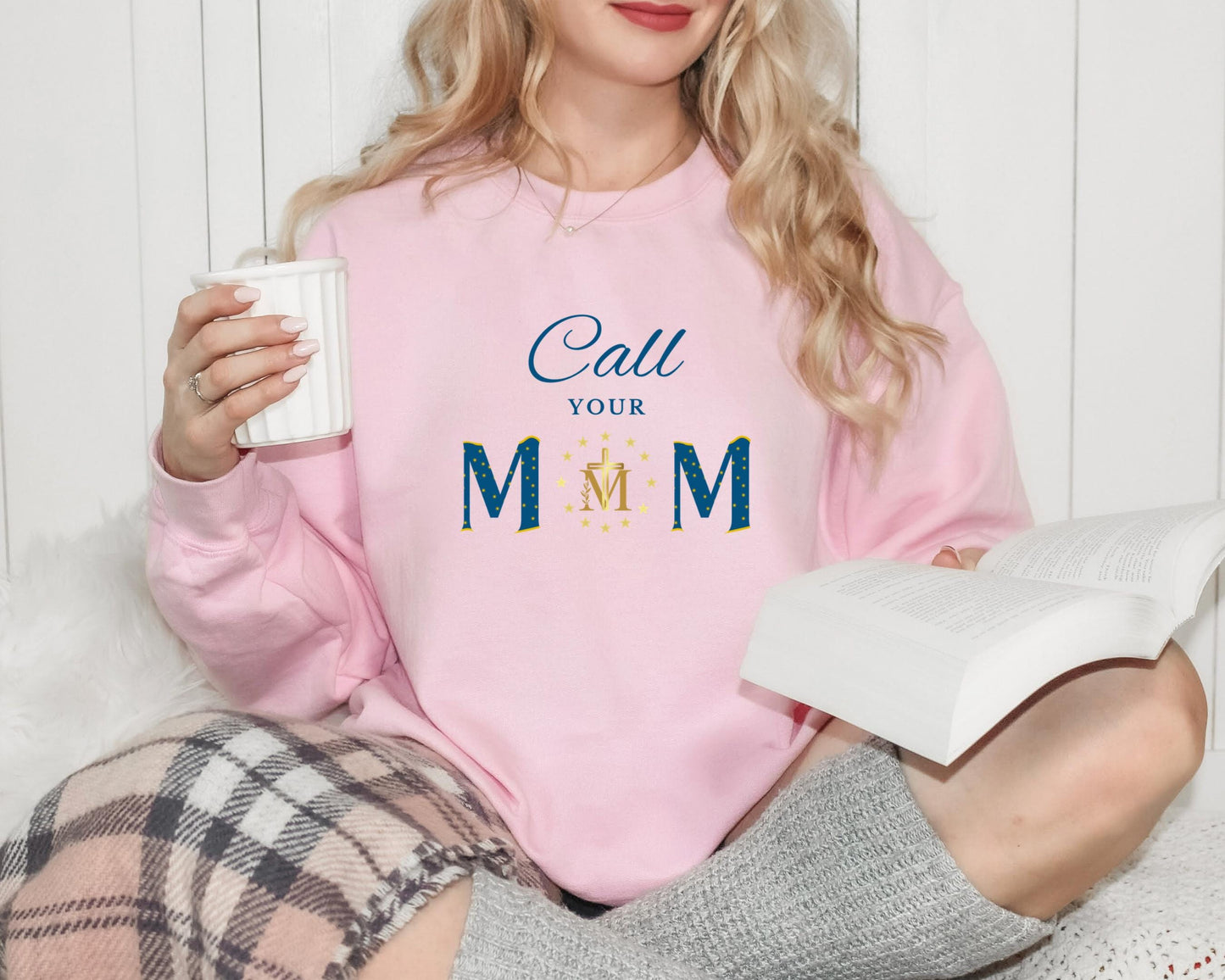 Blessed Virgin Mary Call Your Mother Sweatshirt, Unisex Catholic Top, Marian Cross Jumper, Catholic Mom Gift, Miraculous Medal Apparel
