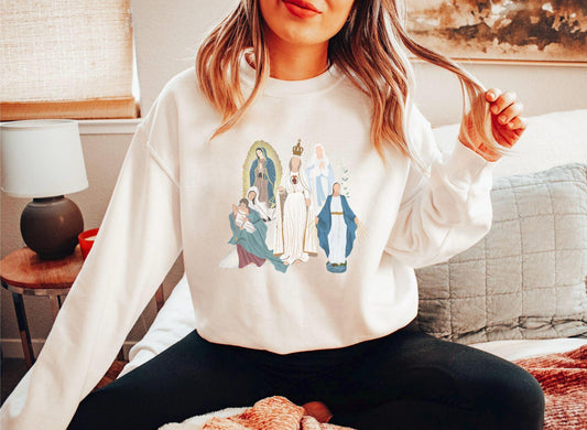Blessed Virgin Mary Sweatshirt, Marian Medley Sweatshirt, Our Lady of Fatima Cozy Top, Our Lady of Guadalupe Warm Sweater, Catholic Gifts