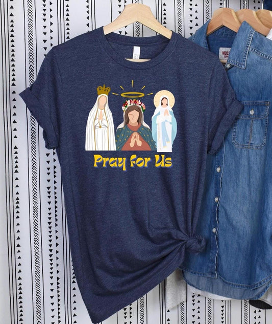 Blessed Virgin Mary T-Shirt, Marian Pray for Us T Shirt, Catholic Tee, Religious Shirt, Christian Apparel, Faith Gift for Him/Her