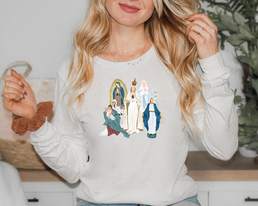 Blessed Virgin Mary Long Sleeve Tee, Marian Medley Shirt, Our Lady of Fatima Top, Our Lady of Guadalupe Long Sleeve T Shirt, Catholic Gifts
