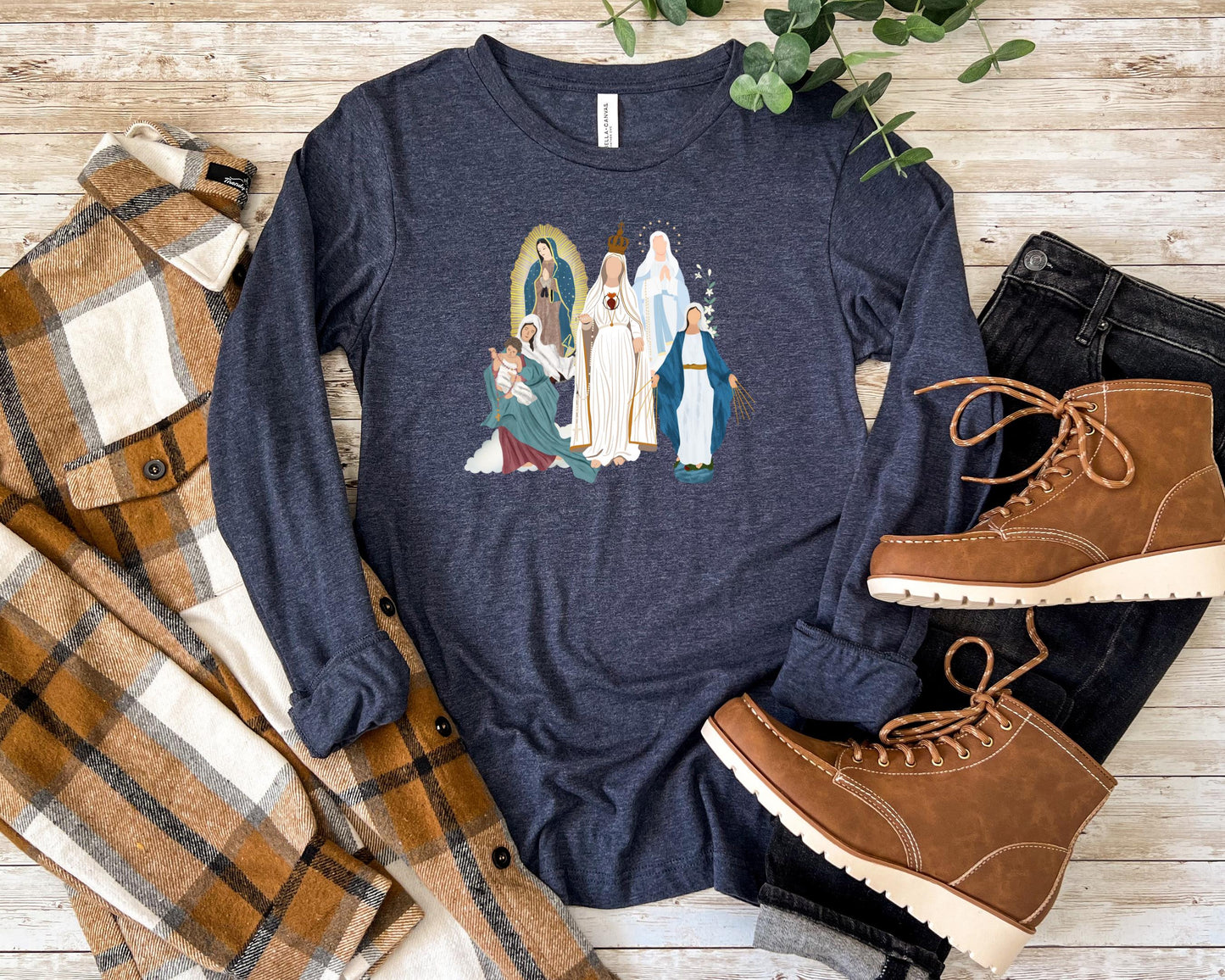 Blessed Virgin Mary Long Sleeve Tee, Marian Medley Shirt, Our Lady of Fatima Top, Our Lady of Guadalupe Long Sleeve T Shirt, Catholic Gifts