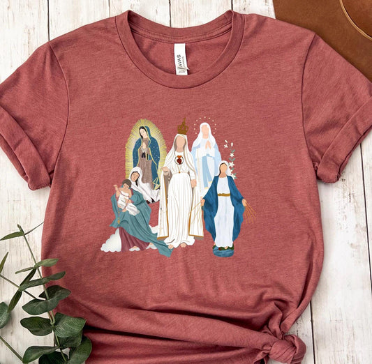 Blessed Virgin Mary Tee, Marian Medley T-Shirt, Our Lady of Fatima Top, Our Lady of Guadalupe Comfy T Shirt, Catholic Gifts