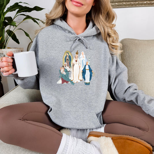 Blessed Virgin Mary Hooded Sweatshirt, Marian Medley Hoodie, Our Lady of Fatima Warm Top, Our Lady of Guadalupe Cozy Sweater, Catholic Gifts