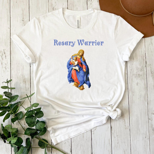 Virgin Mary Rosary Tee, Rosary Warrior Catholic T-Shirt, Marian Shirt, Catholic Apparel, Faith-Based Top, Catholic Gift