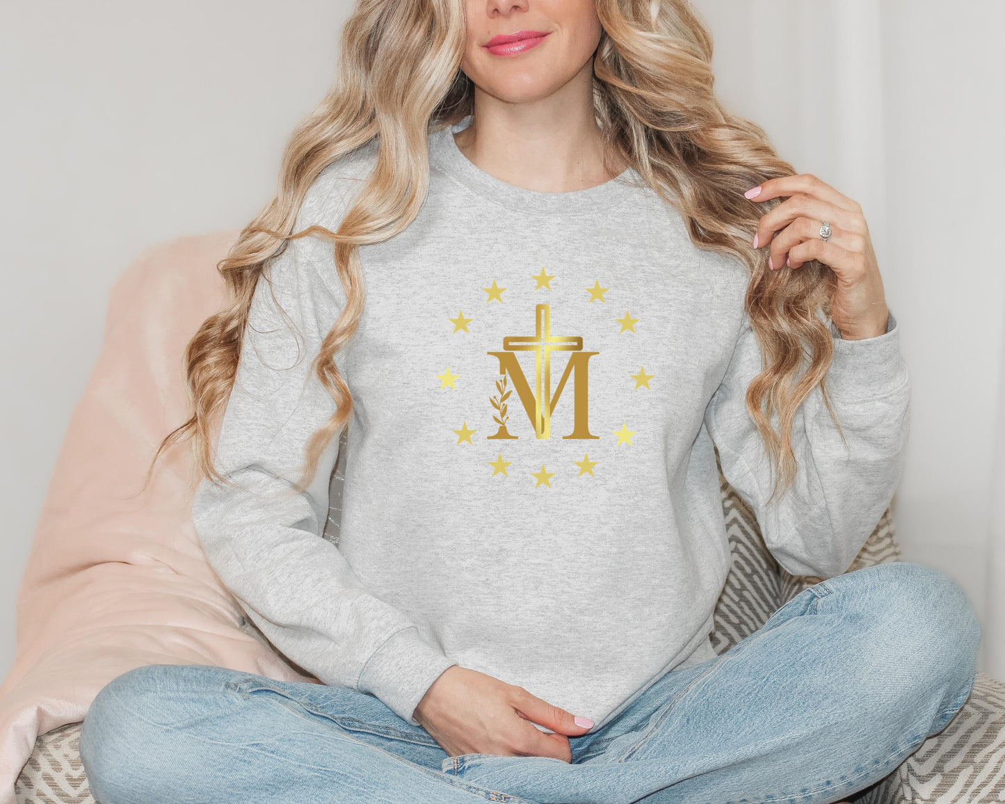 Marian Cross Blessed Virgin Mary Sweatshirt, Catholic Crewneck Jumper, Our Lady Sweatshirt, Blessed Mother Cross Sweatshirt, Catholic Gift