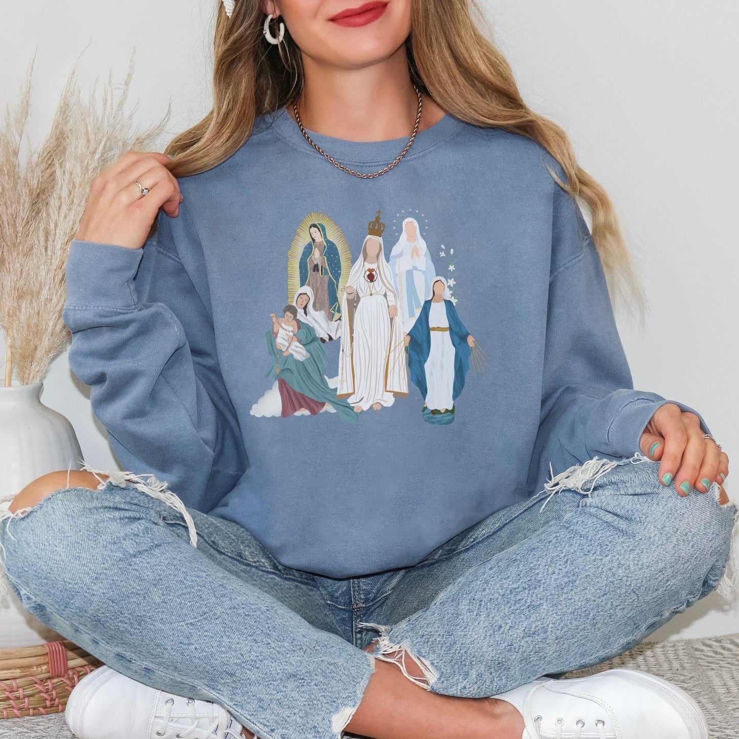 Blessed Virgin Mary Comfort Colors Sweatshirt, Religious Catholic Apparel, Our Lady of Fatima Clothing, Our Lady of Guadalupe Jumper