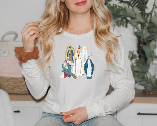 Blessed Virgin Mary Long Sleeve Tee, Marian Medley Shirt, Our Lady of Fatima Top, Our Lady of Guadalupe Long Sleeve T Shirt, Catholic Gifts