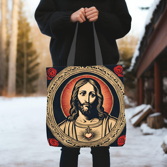 Catholic Tote Bag Sacred Heart of Jesus, Retro Catholic Totes, Sacred Heart Tote Bag, Vintage Style Daily Bag, Canvas Tote Bag
