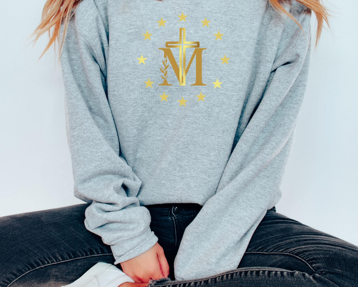 Marian Cross Blessed Virgin Mary Sweatshirt, Catholic Crewneck Jumper, Our Lady Sweatshirt, Blessed Mother Cross Sweatshirt, Catholic Gift