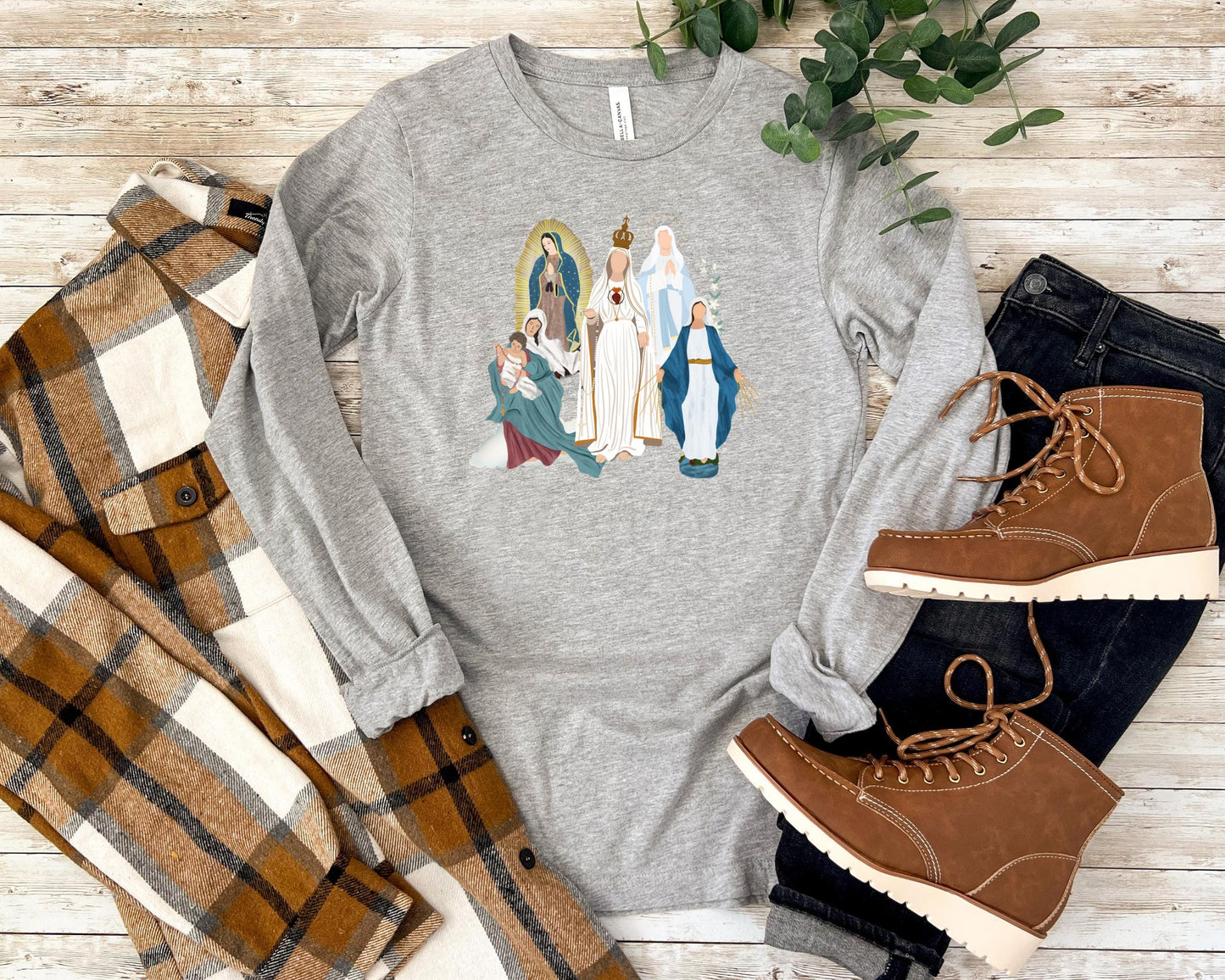 Blessed Virgin Mary Long Sleeve Tee, Marian Medley Shirt, Our Lady of Fatima Top, Our Lady of Guadalupe Long Sleeve T Shirt, Catholic Gifts