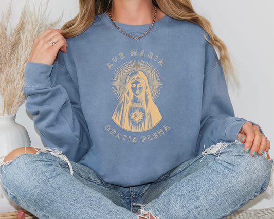 Ave Maria Catholic Sweatshirt, Comfort Colors Blessed Virgin Mary Top, Unisex Sweatshirt, Religious Gift, Christian Apparel, Marian