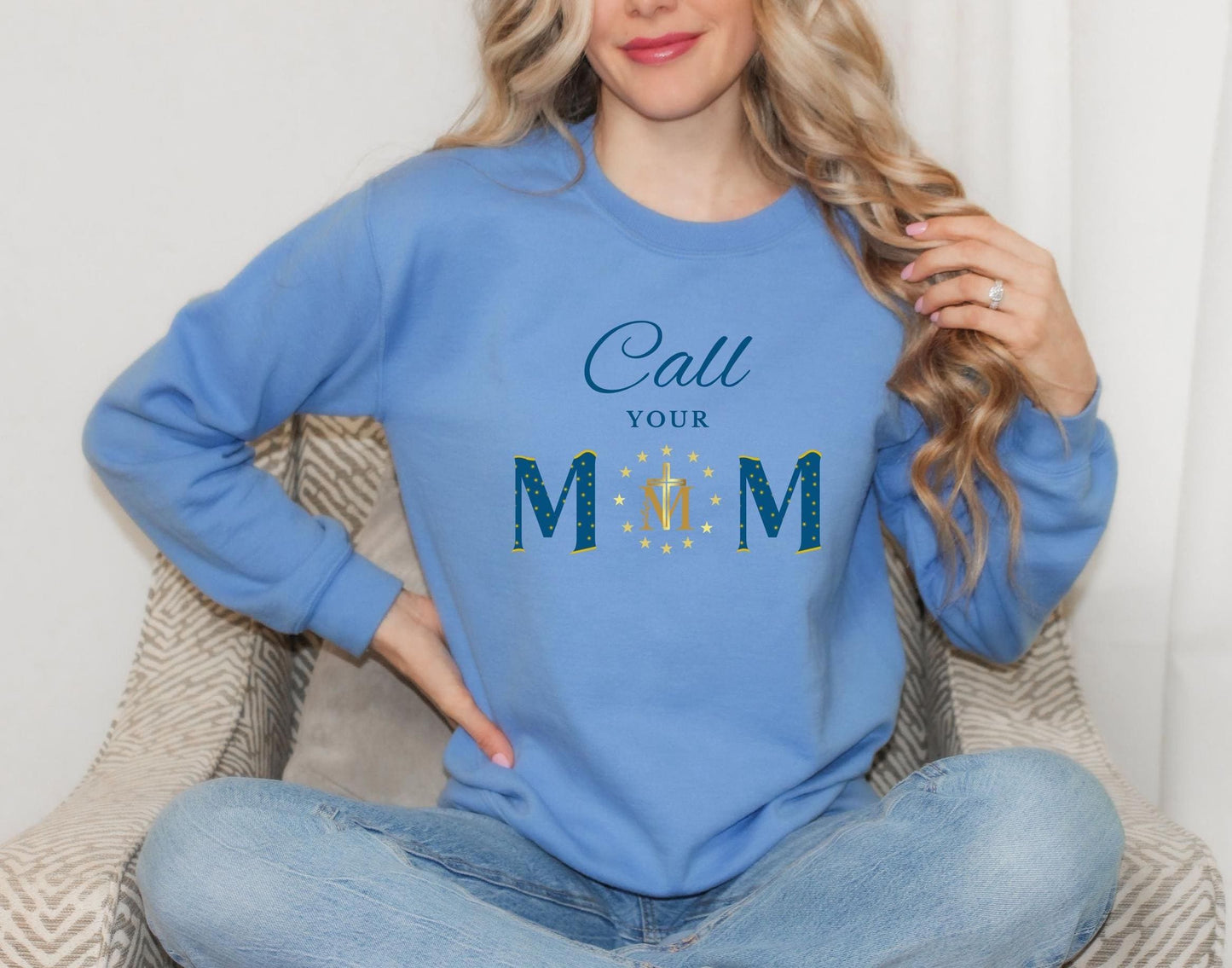 Blessed Virgin Mary Call Your Mother Sweatshirt, Unisex Catholic Top, Marian Cross Jumper, Catholic Mom Gift, Miraculous Medal Apparel