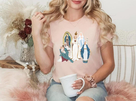 Blessed Virgin Mary Tee, Marian Medley T-Shirt, Our Lady of Fatima Top, Our Lady of Guadalupe Comfy T Shirt, Catholic Gifts