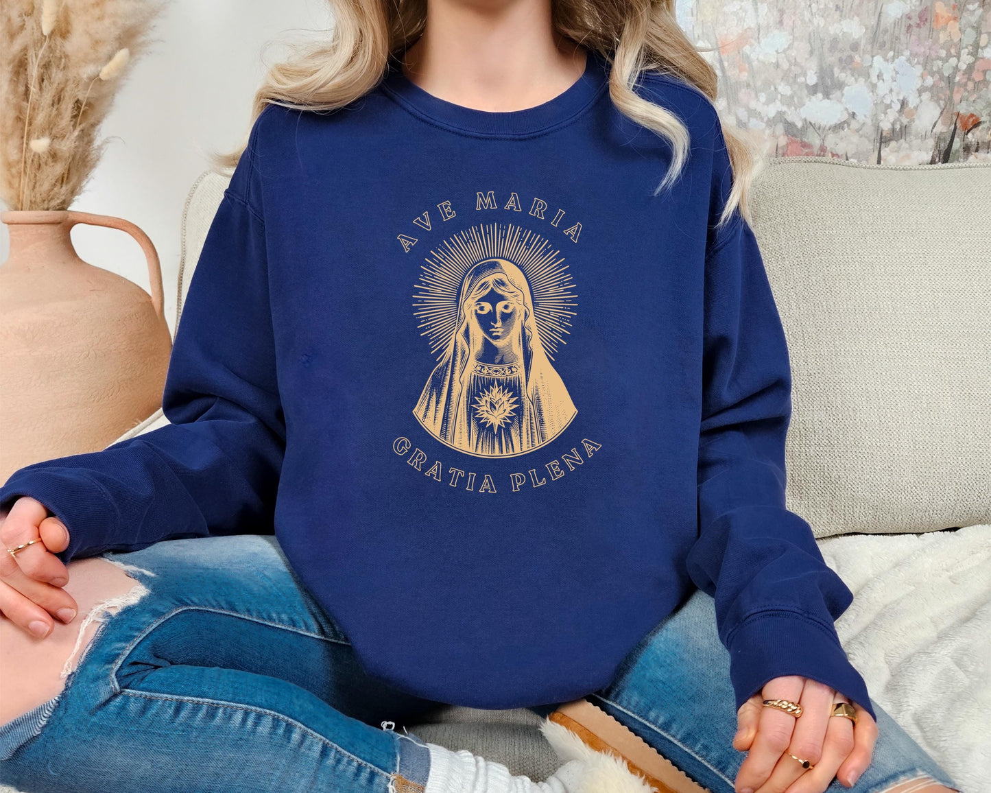 Ave Maria Catholic Sweatshirt, Comfort Colors Blessed Virgin Mary Top, Unisex Sweatshirt, Religious Gift, Christian Apparel, Marian