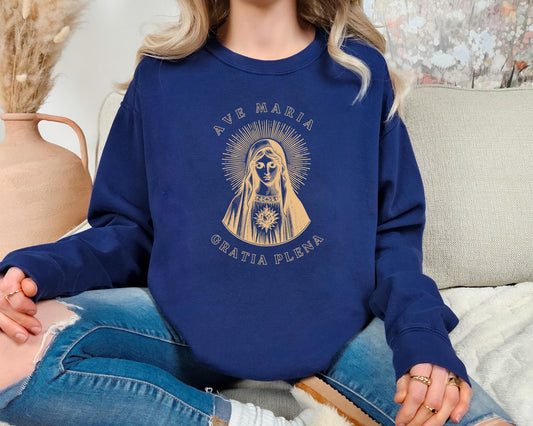 Ave Maria Catholic Sweatshirt, Comfort Colors Blessed Virgin Mary Top, Unisex Sweatshirt, Religious Gift, Christian Apparel, Marian