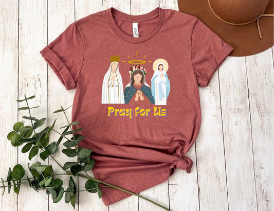 Blessed Virgin Mary T-Shirt, Marian Pray for Us T Shirt, Catholic Tee, Religious Shirt, Christian Apparel, Faith Gift for Him/Her