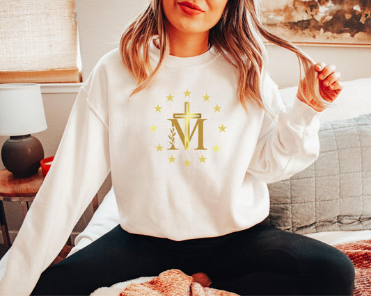 Marian Cross Blessed Virgin Mary Sweatshirt, Catholic Crewneck Jumper, Our Lady Sweatshirt, Blessed Mother Cross Sweatshirt, Catholic Gift
