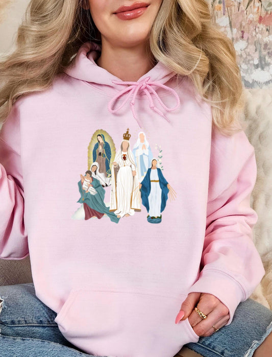 Blessed Virgin Mary Hooded Sweatshirt, Marian Medley Hoodie, Our Lady of Fatima Warm Top, Our Lady of Guadalupe Cozy Sweater, Catholic Gifts