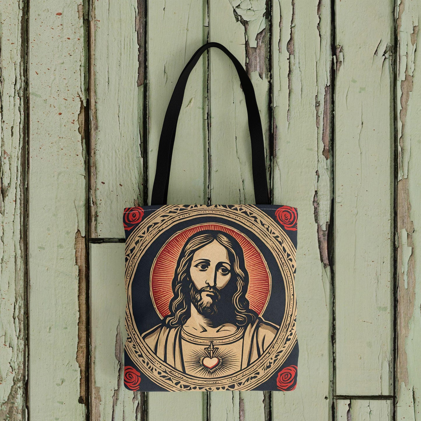 Catholic Tote Bag Sacred Heart of Jesus, Retro Catholic Totes, Sacred Heart Tote Bag, Vintage Style Daily Bag, Canvas Tote Bag