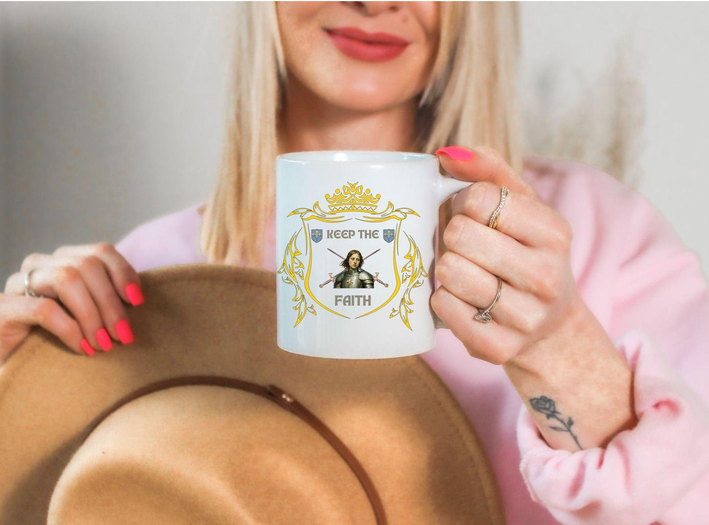 Saint Joan of Arc Ceramic Mug, Religious Gift, Keep the Faith 11oz 15oz Coffee Cup, Inspirational Quote Tea Mug, Christian Decor, Patron