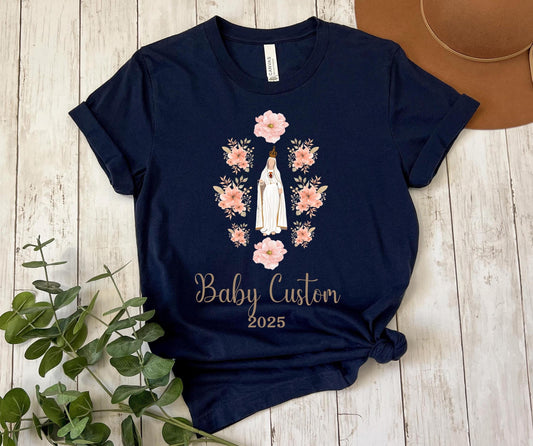 Custom Catholic Baby Announcement Tee, Unisex Jersey Short Sleeve Shirt, Personalized Virgin Mary, Baby Shower Gift, Marian Clothing