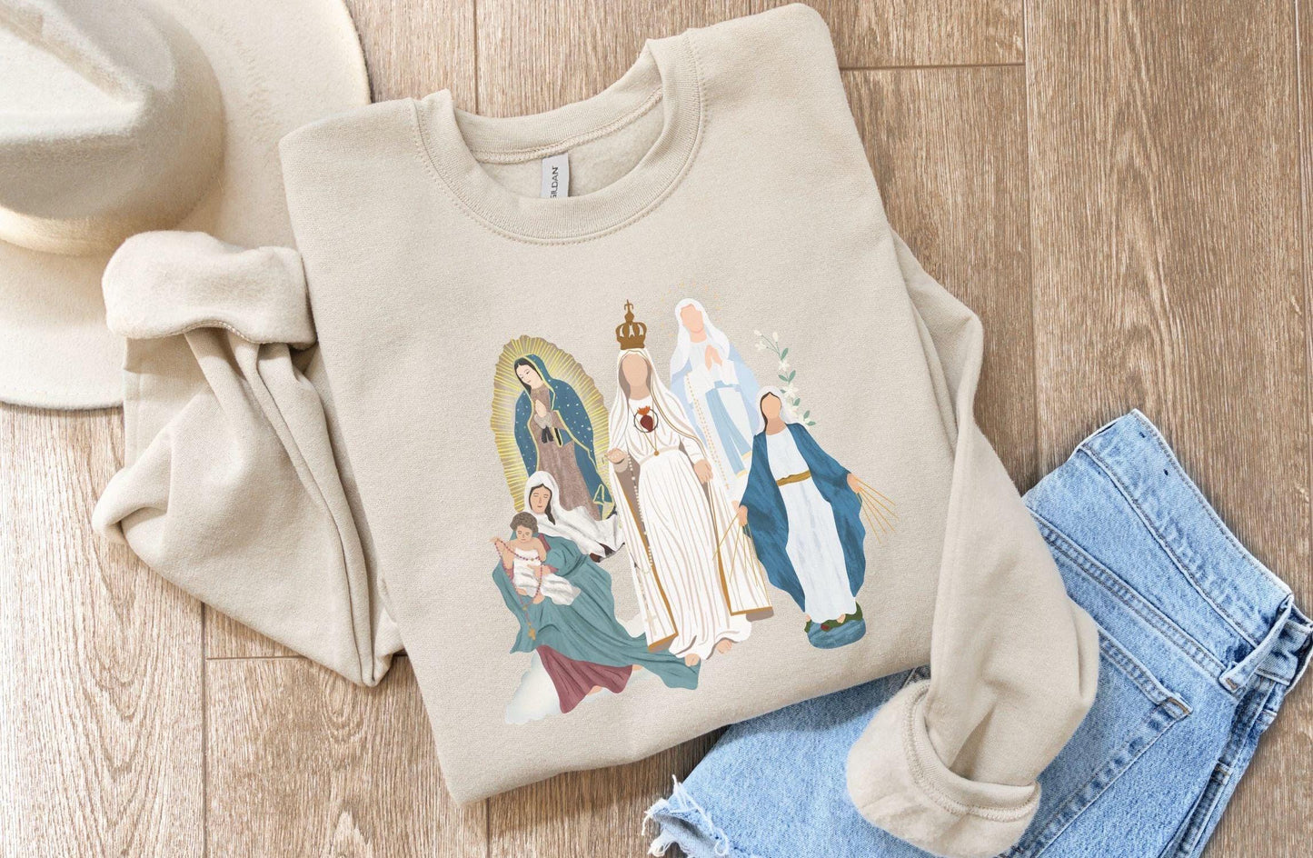 Blessed Virgin Mary DryBlend Sweatshirt, Marian Medley Sweatshirt, Crewneck Cozy Top, Our Lady of Guadalupe Warm Sweater, Catholic Gifts