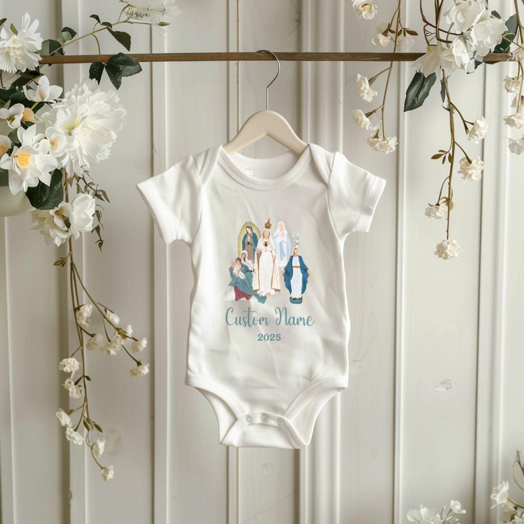Custom Virgin Mary Infant Bodysuit, Personalized Marian Diaper Shirt, Our Lady of Fatima, Religious Infant One Piece, Baby Clothes, Baptism