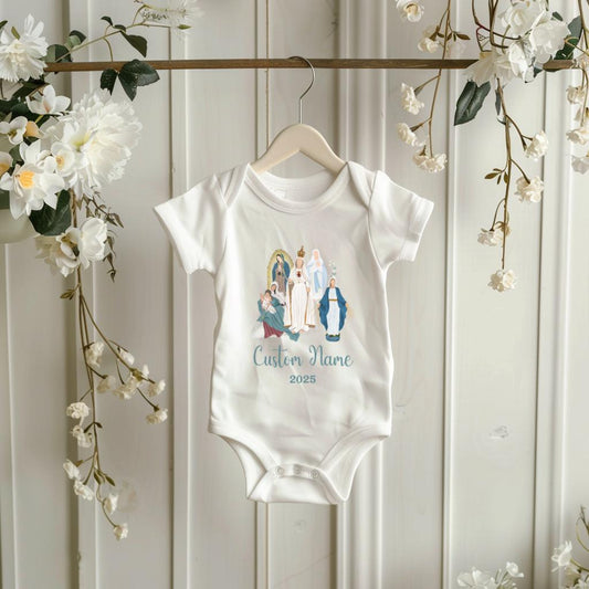 Custom Virgin Mary Infant Bodysuit, Personalized Marian Diaper Shirt, Our Lady of Fatima, Religious Infant One Piece, Baby Clothes, Baptism