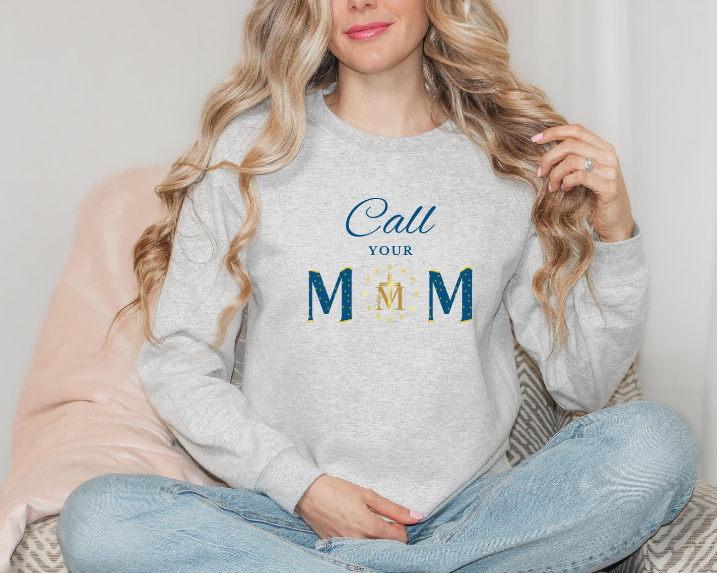 Blessed Virgin Mary Call Your Mother Sweatshirt, Unisex Catholic Top, Marian Cross Jumper, Catholic Mom Gift, Miraculous Medal Apparel