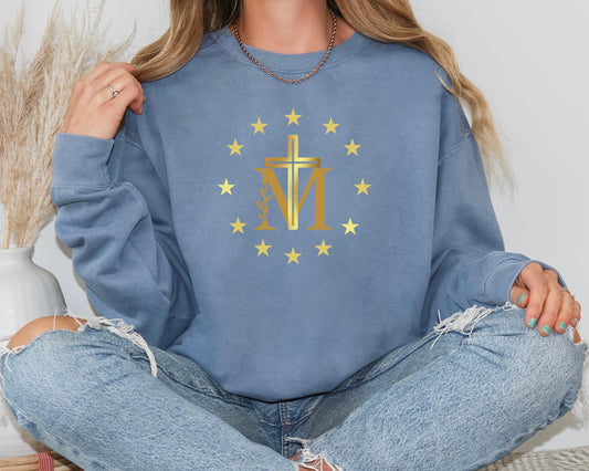 Marian Cross Blessed Virgin Mary Sweatshirt, Unisex Jumper for Catholics, Our Lady Gift, Blessed Mother Cross Crewneck, Religious Apparel