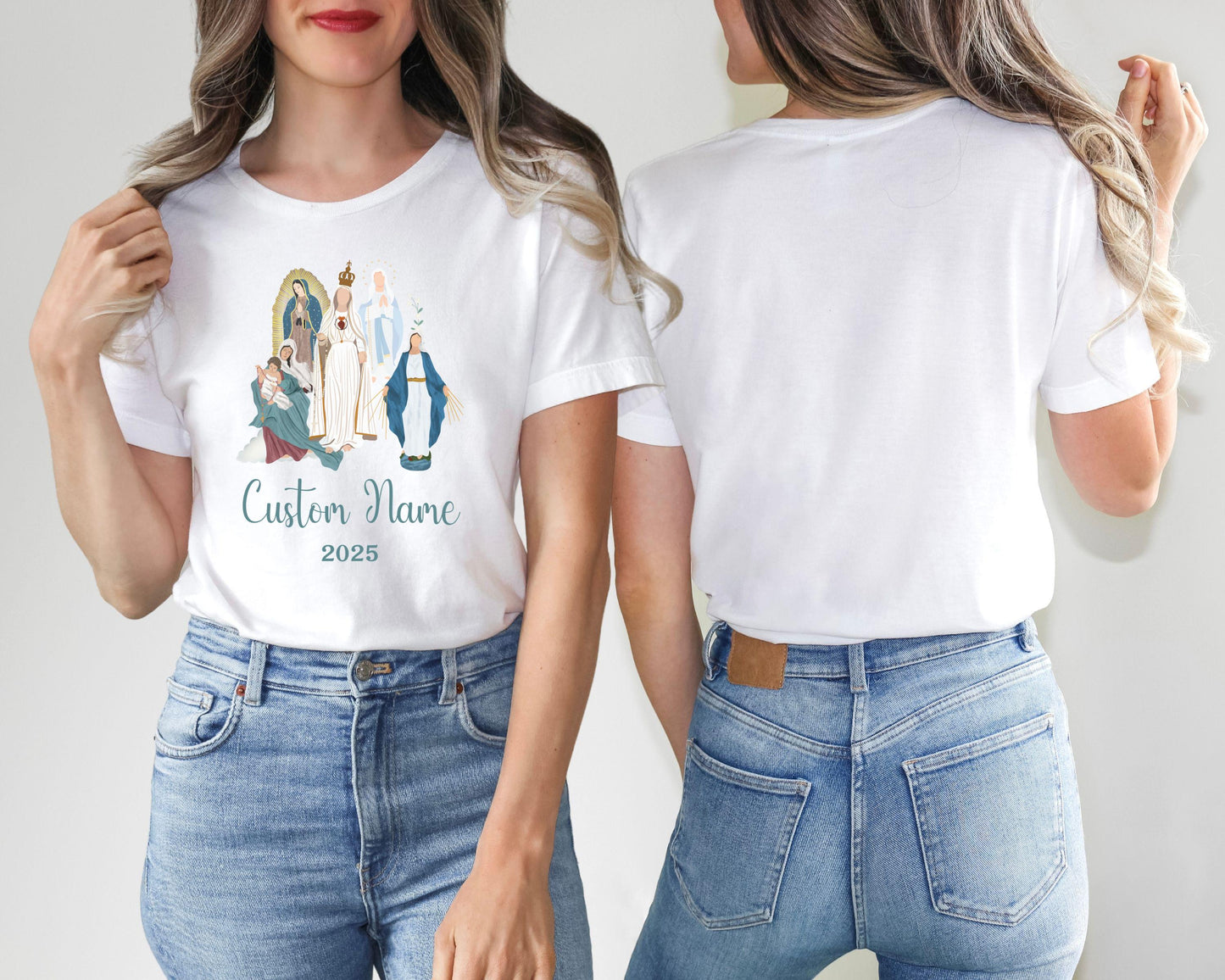 Personalized Catholic Baby Announcement Tee, Unisex Jersey Short Sleeve Shirt, Custom Virgin Mary, Baby Shower Gift, Marian Clothing
