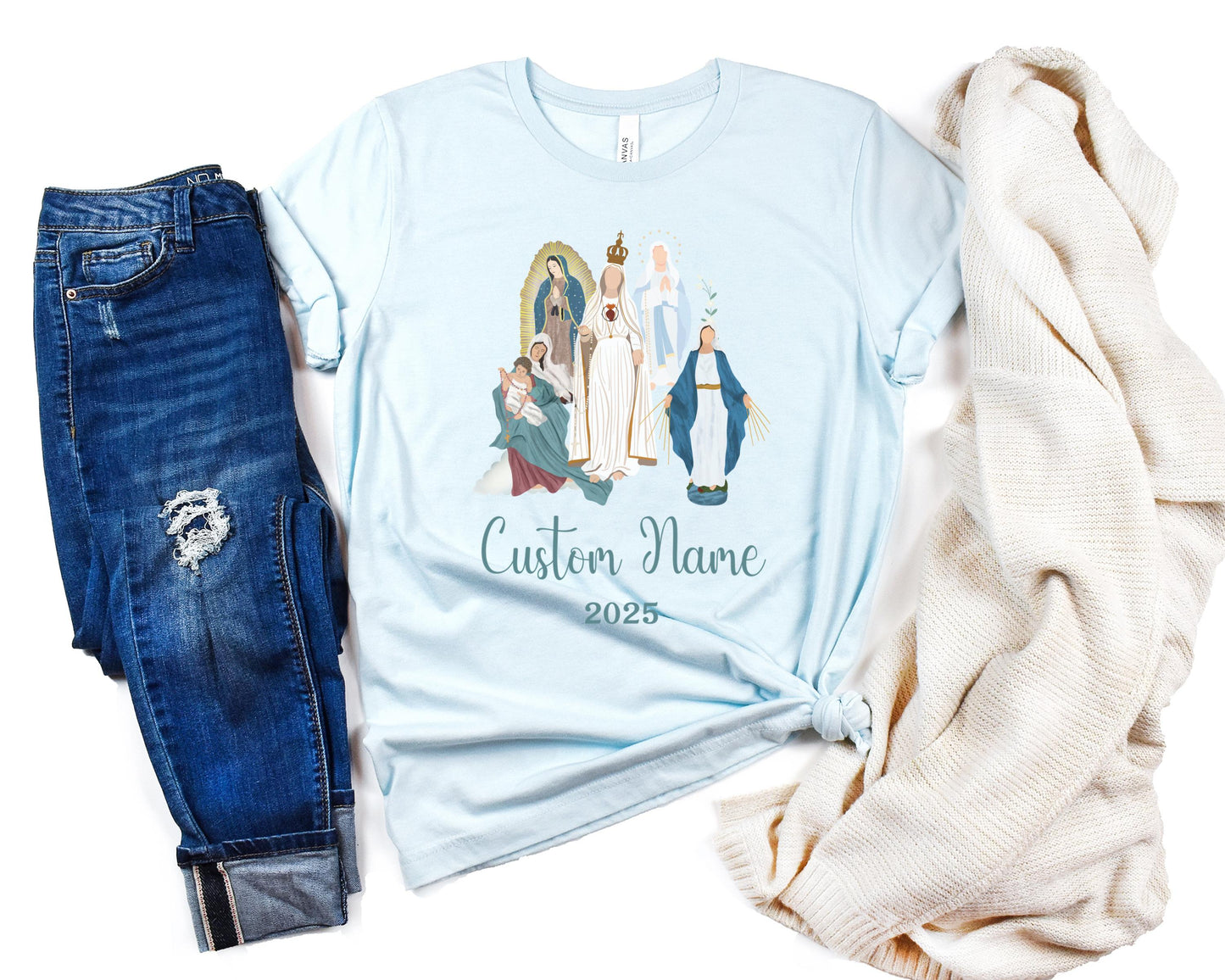 Personalized Catholic Baby Announcement Tee, Unisex Jersey Short Sleeve Shirt, Custom Virgin Mary, Baby Shower Gift, Marian Clothing