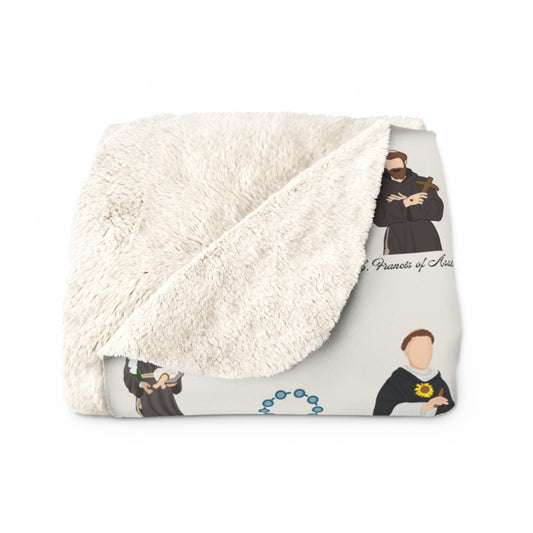 Catholic Saints Sherpa Fleece Blanket, Extra Warm Throw for Catholics, Featuring Saint Dominic, St Thomas Aquinas, Saint Anthony, St Francis