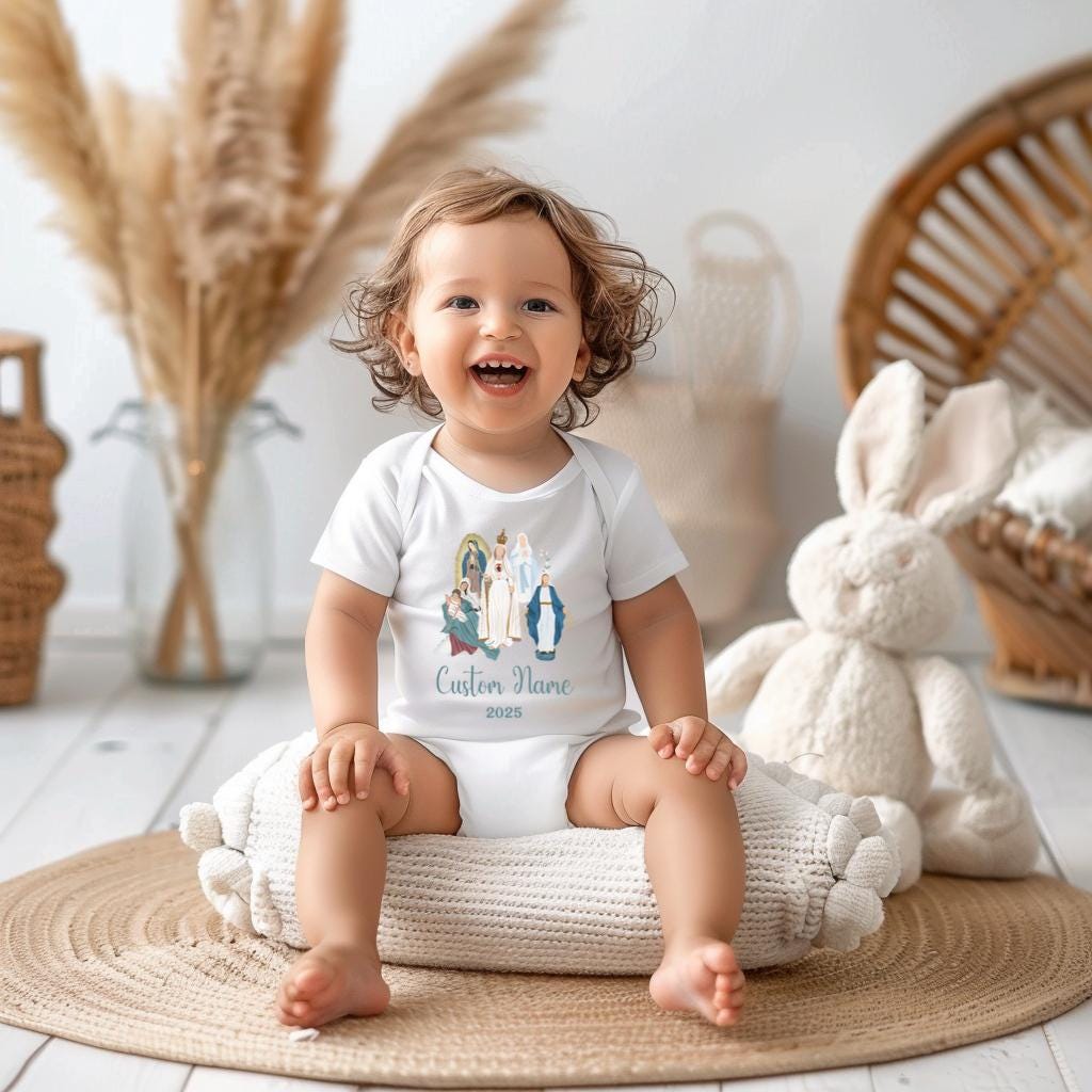 Custom Virgin Mary Infant Bodysuit, Personalized Marian Diaper Shirt, Our Lady of Fatima, Religious Infant One Piece, Baby Clothes, Baptism
