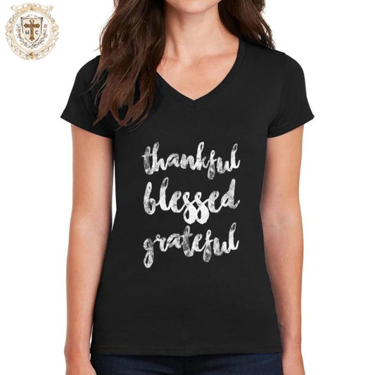 Thankful Grateful Blessed Women's Thanksgiving T-Shirt - Stylish V-Neck Tee