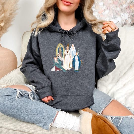 Blessed Virgin Mary Hooded Sweatshirt, Marian Medley Hoodie, Our Lady of Fatima Warm Top, Our Lady of Guadalupe Cozy Sweater, Catholic Gifts