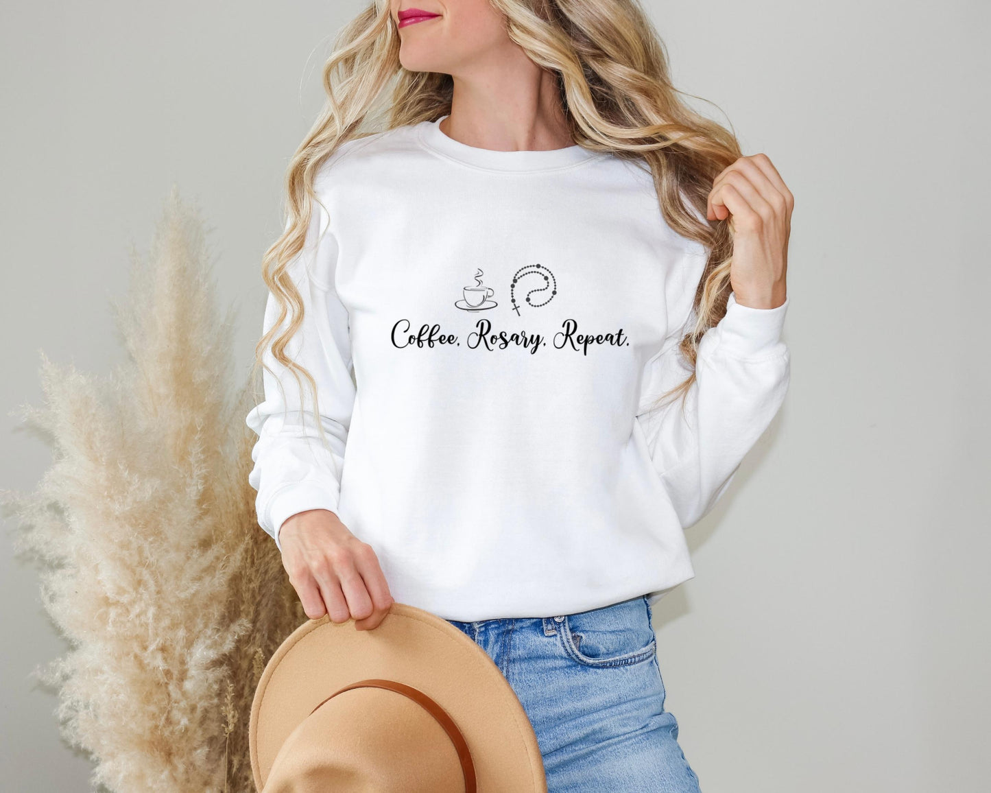 Rosary and Coffee Sweatshirt, Blessed Virgin Mary Unisex Sweatshirt, Catholic Sweatshirt, Gift for Catholic Mom, Catholic Apparel for Women
