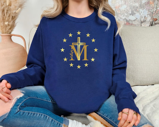 Marian Cross Blessed Virgin Mary Sweatshirt, Unisex Jumper for Catholics, Our Lady Gift, Blessed Mother Cross Crewneck, Religious Apparel