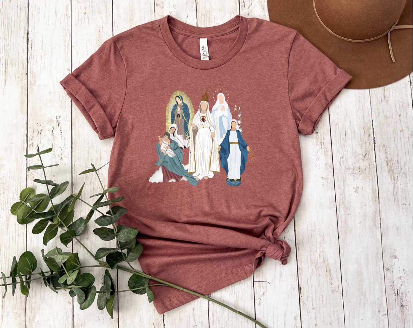 Blessed Virgin Mary Tee, Marian Medley T-Shirt, Our Lady of Fatima Top, Our Lady of Guadalupe Comfy T Shirt, Catholic Gifts