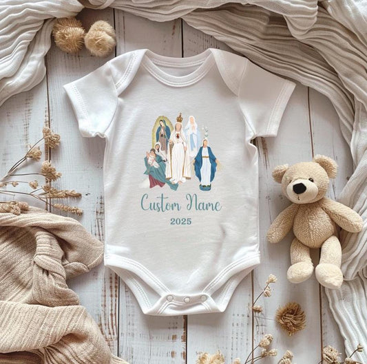 Custom Virgin Mary Infant Bodysuit, Personalized Marian Diaper Shirt, Our Lady of Fatima, Religious Infant One Piece, Baby Clothes, Baptism