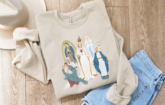 Blessed Virgin Mary Sweatshirt, Our Lady of Fatima, Our Lady of Guadalupe, Religious Catholic Gift, Marian Apparitions Sweater