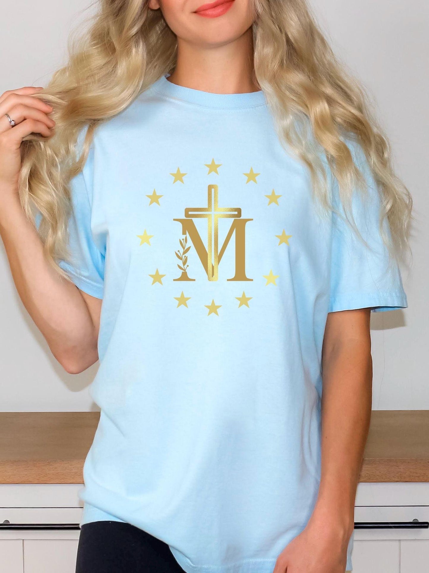 Marian Cross Comfort Colors T-Shirt, Blessed Virgin Mary Shirt - Unisex Tee, Catholic Apparel, Graphic Tee, Catholic Gift, Inspirational